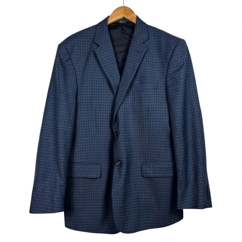 Jos. A. Bank Traveler Blue Plaid Wool Sport Coat Blazer Jacket Tailored Fit 43R